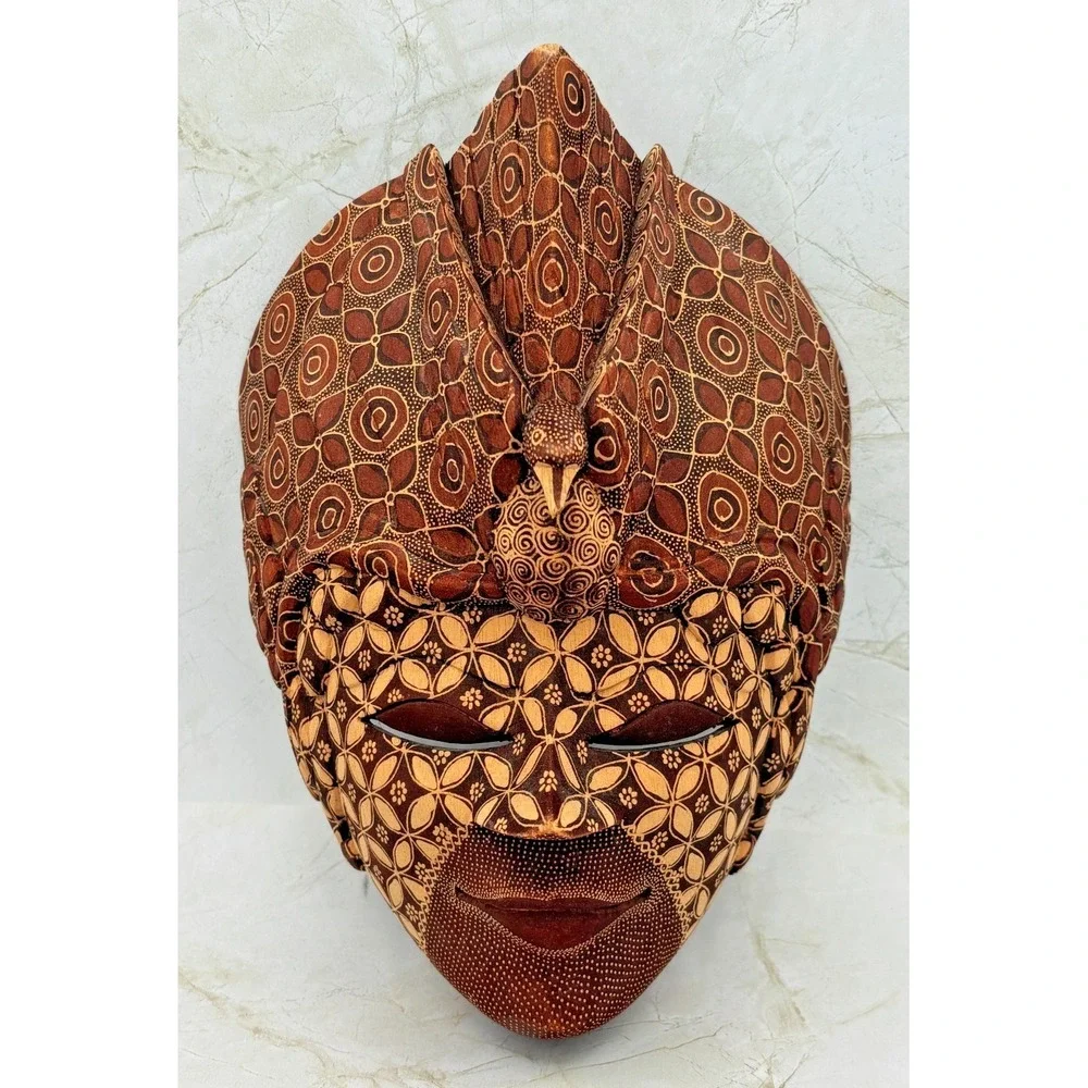 Hand Carved Indonesian Batik Wood Mask Batik Pattern Bird Motif Wall Art EUC